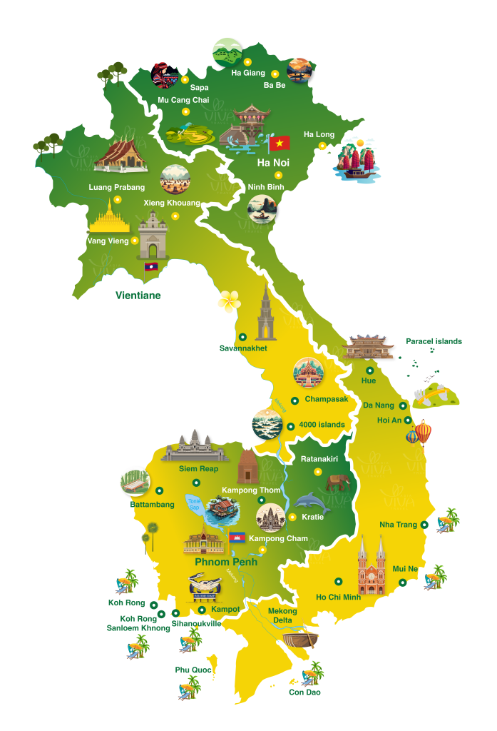 carte Indochine avec Vietnam, Laos et Cambodge