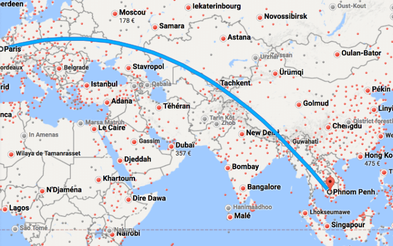 Distance de Paris-Cambodge sur Google Maps