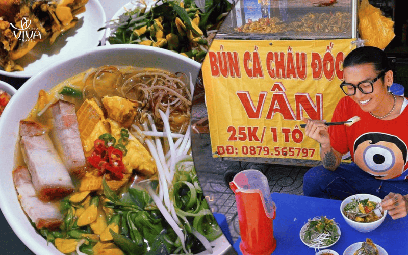 A hearty bowl of Chau Doc fish noodle soup, packed with local herbs and flavors