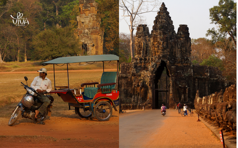 A tuk-tuk waiting at Angkor Archaeological Park, offering visitors a convenient way to explore the complex