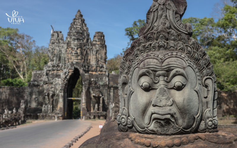 Intricate stone carvings at Angkor Wat, depicting Hindu mythology and Khmer artistry