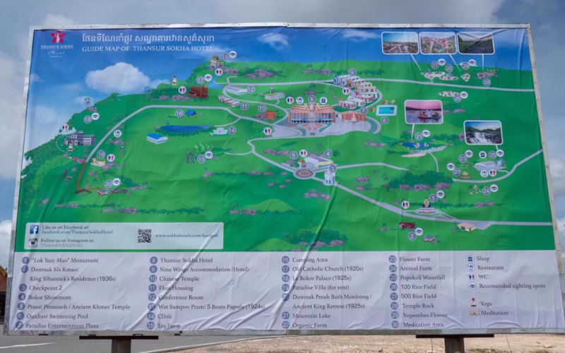 La carte des principaux sites touristiques du parc national de Bokor