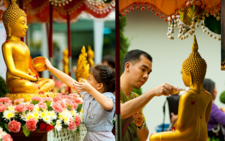 Les bouddhistes thaïlandais utilisent un parfum traditionnel pour baigner les statues de Bouddha au Songkran, symbolisant purification et prospérité
