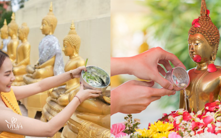 Riti antichi_ purificare il Buddha con l’acqua sacra.dorate della valle di Bac Son in autunno