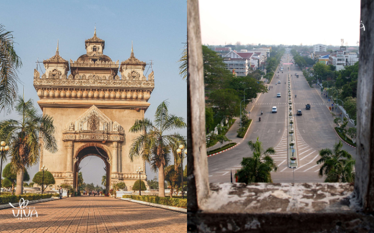 Vista dal Patuxay_ Vientiane al tramonto, lenta e luminosa