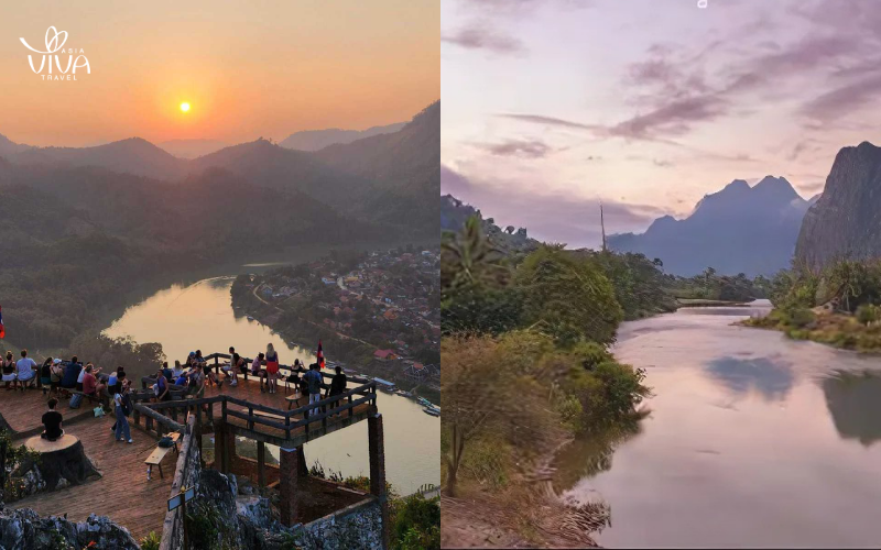 Sunrise over the tranquil Nam Ou River and limestone cliffs