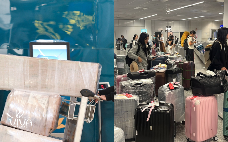 Luggage wrapping at an international airport in Vietnam