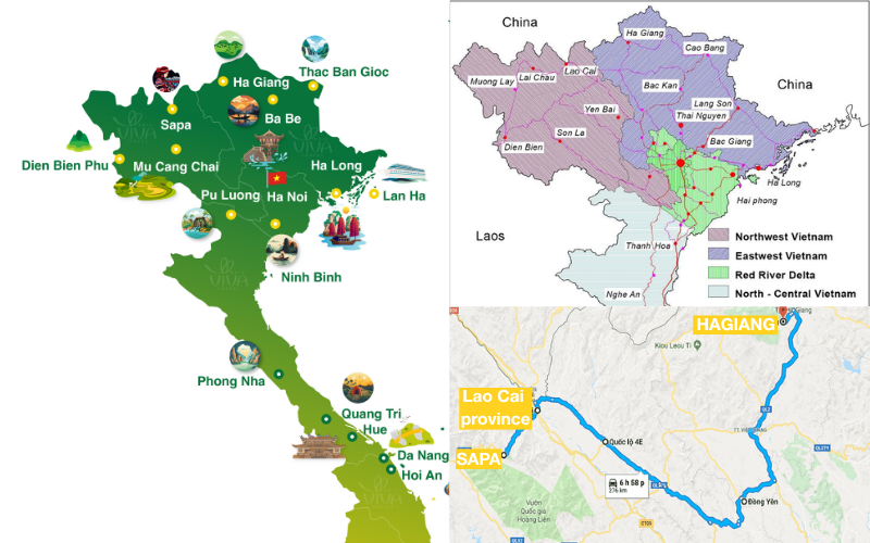 Map showing the location of Sapa and Ha Giang in Northern Vietnam