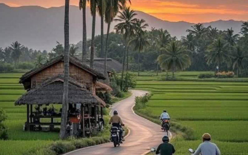 Paysage rural d’Isan en Thaïlande avec rizières et villages traditionnels